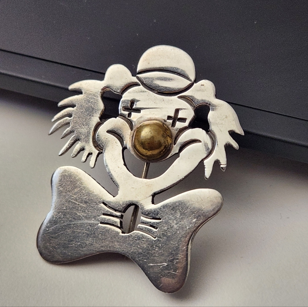Taxco Clown Pin, Sterling Silver And Brass